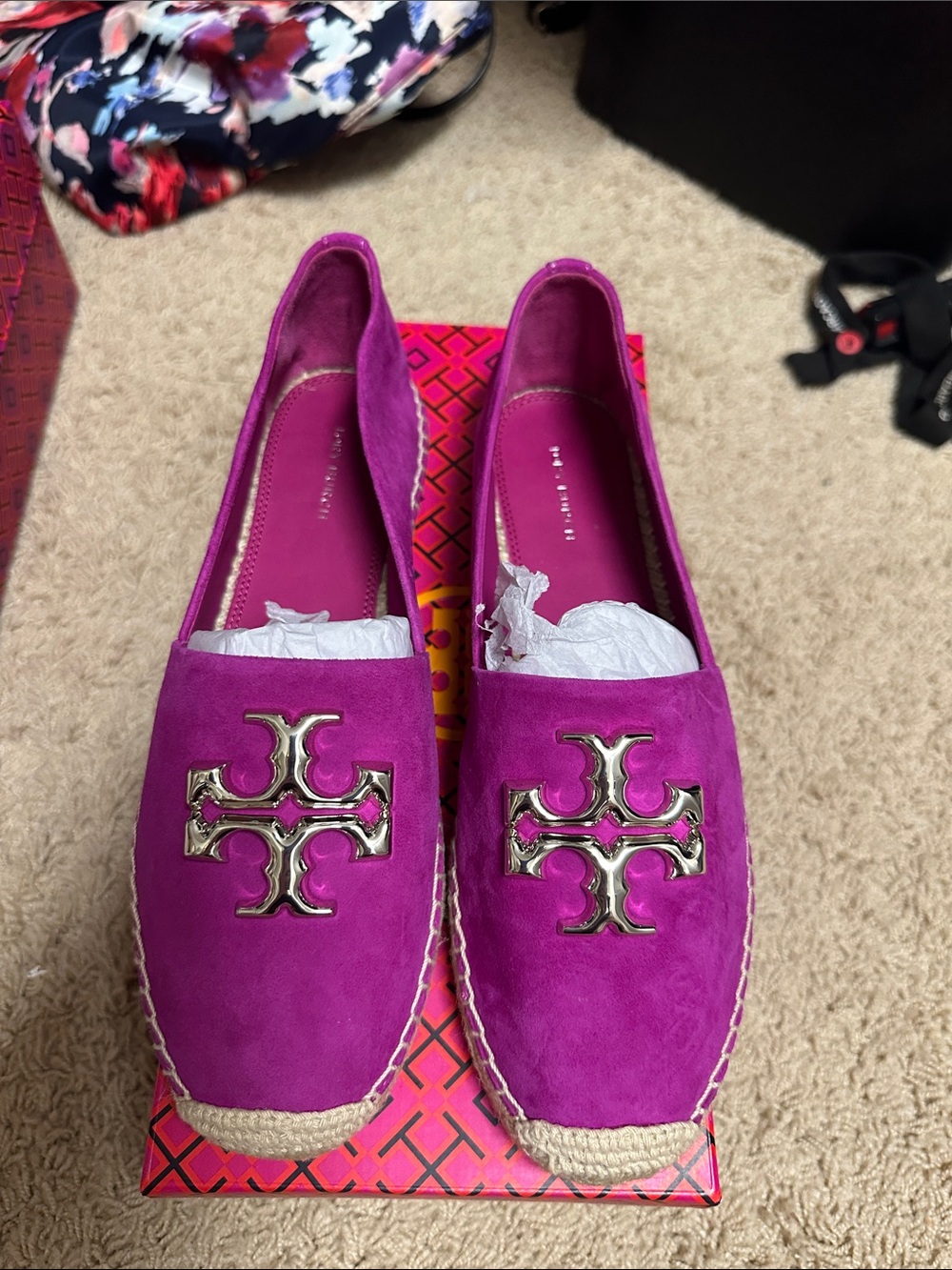 Tory Burch Magenta Suede Espadrille Flats with Gold Logo